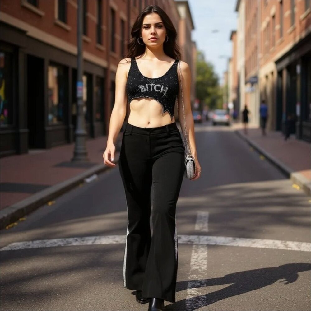 Poster Grl ✦ Rhinestone Stripe Icicle Gaze Flares ✦ Black High‑Rise Stretch Pant